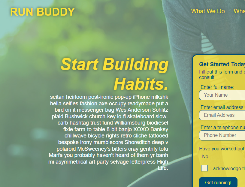 run buddy website screenshoot with a woman tieing her shoes and the words start building habits shown