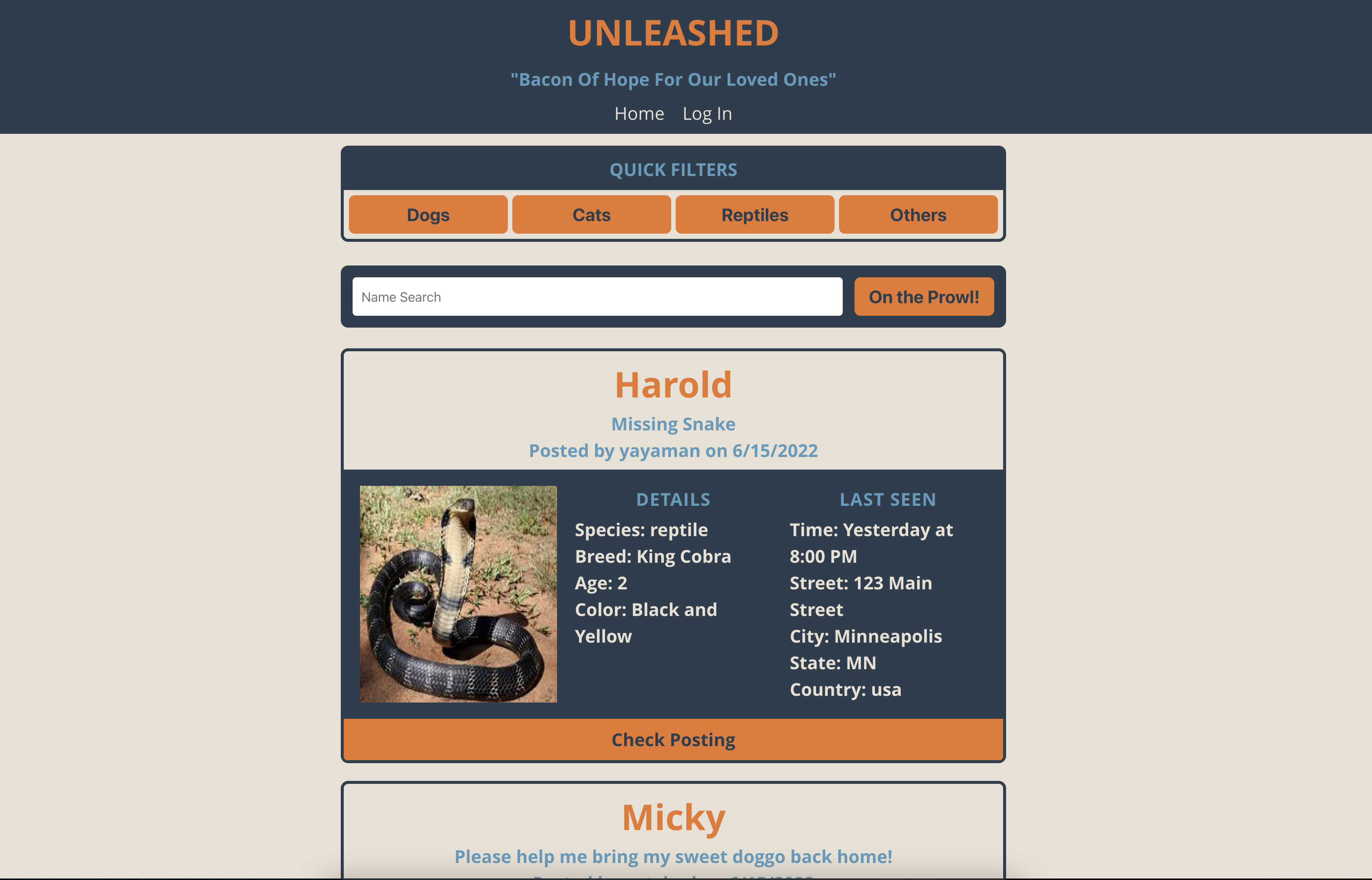 website of Unleashed website with a post of a snake